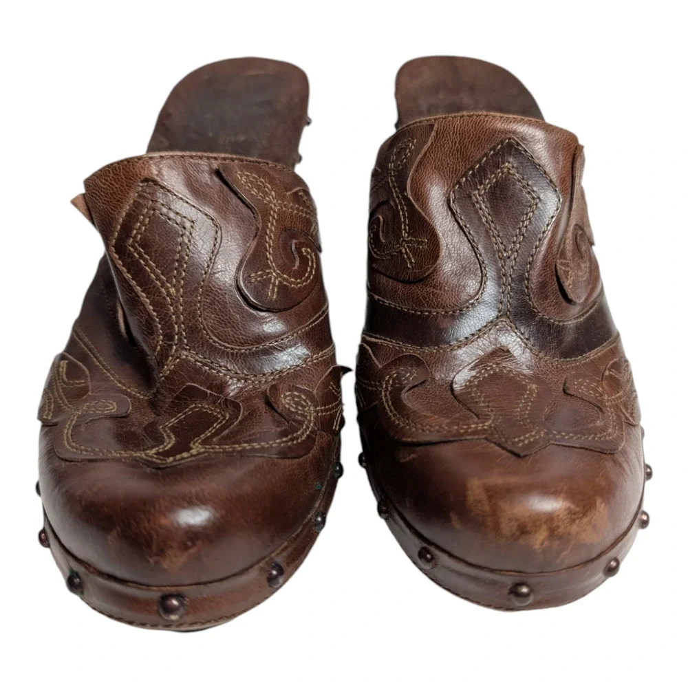 Nine West Luzio Womens‎ Size 8.5 Brown Leather Clogs Bootie Heels Western Cowboy